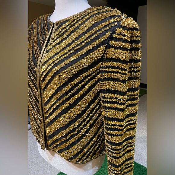 NWT Handmade Gold Sequin Jacket Size S Black silk and Gold Sequin/ beads - Picture 4 of 6